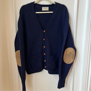 1970s L.L. Bean Camel Hair Wool Elbow Patch Vintage Blue Cardigan Sweater Large